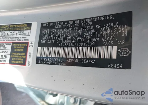 2009 Toyota Camry Le z USA, uszkodzony, nr VIN 4T1BE46K29U915539